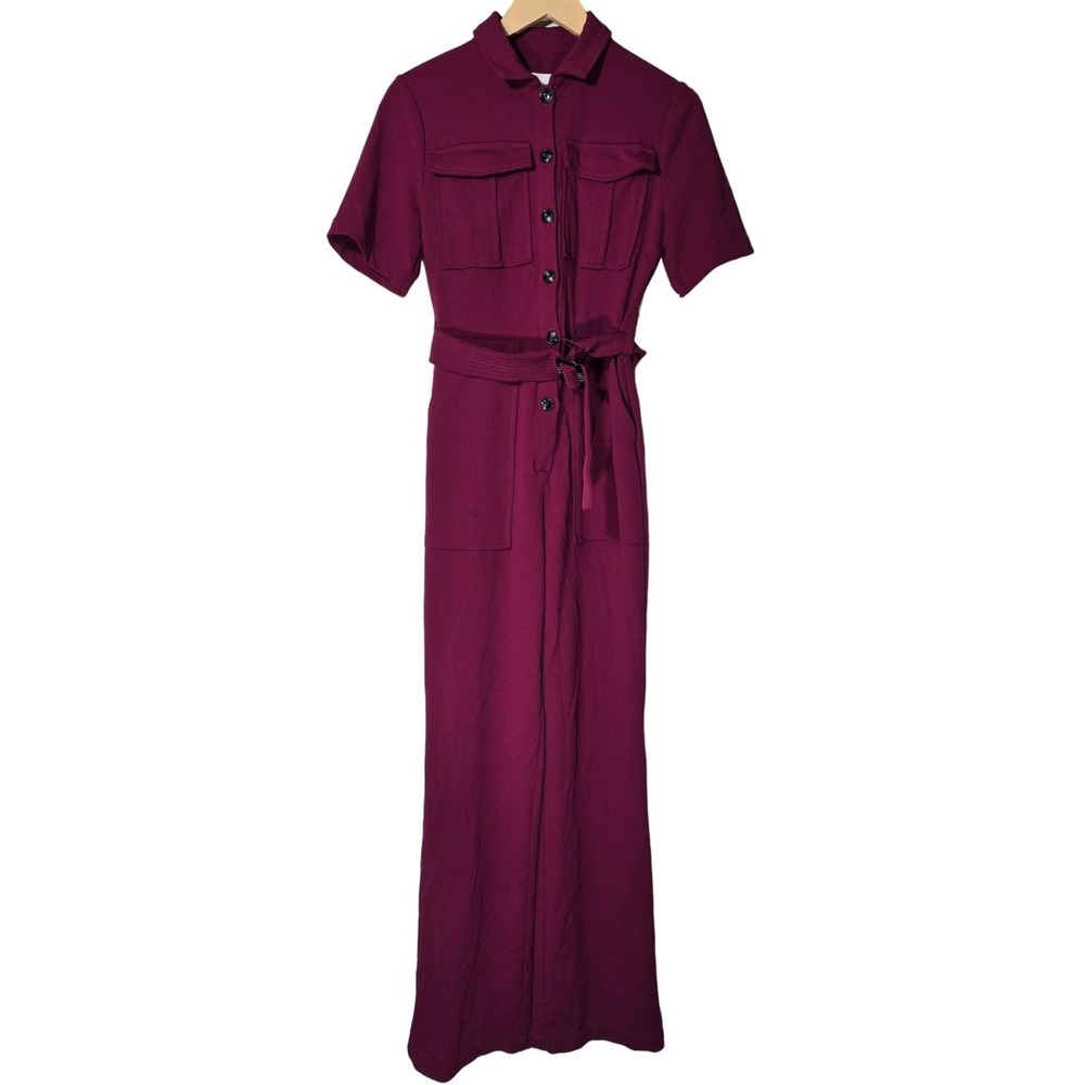 Donna Morgan Burgundy Utility Belted Short Sleeve Jumpsuit Wide Leg Women's 0